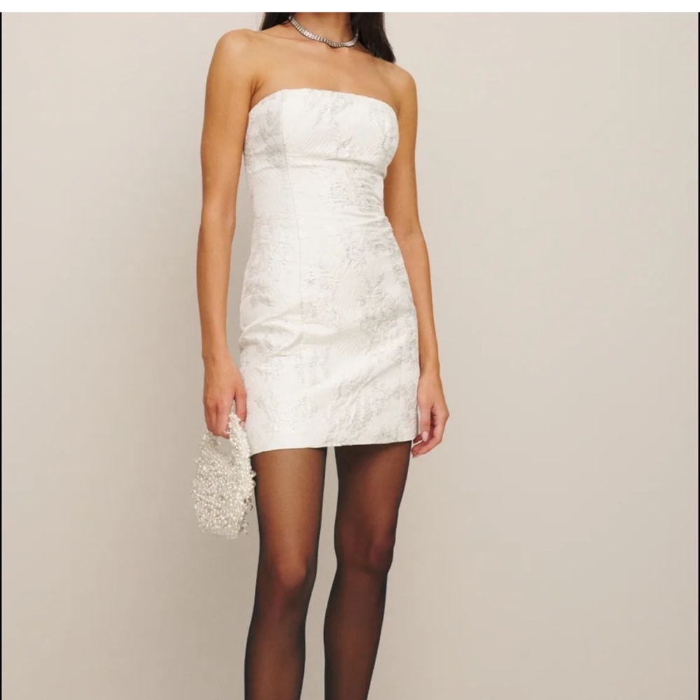 Reformation Gabby Floral Strapless Tube Mini Dress in White